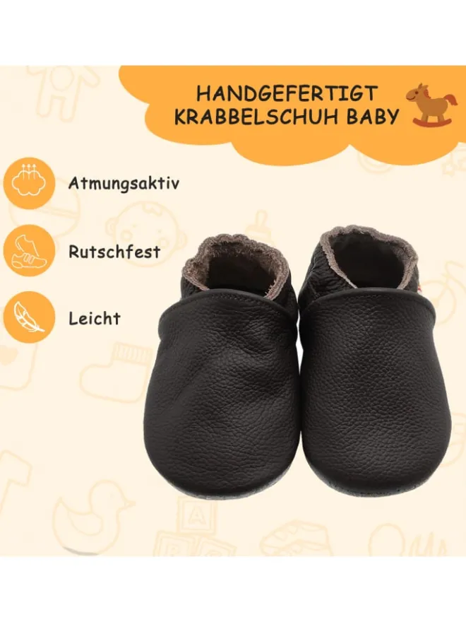 Baby Krabbelschuhe aus Leder mit rutschfester Sohle – Dunkelbraun>Yalion New