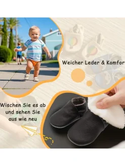 Baby Krabbelschuhe aus Leder mit rutschfester Sohle – Dunkelbraun><noscript><img width=