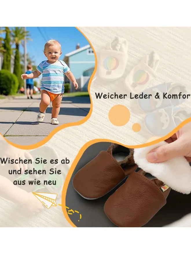 Yalion Krabbelschuhe^Baby Krabbelschuhe aus Leder mit rutschfester Sohle – Braun