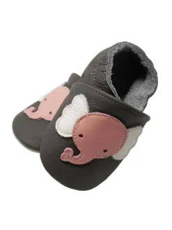 Baby Krabbelschuhe aus Leder mit rutschfester Sohle – Grau mit Elefantenmuster><noscript><img width=
