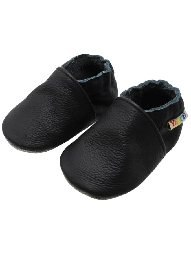 Yalion Krabbelschuhe^Baby Krabbelschuhe aus Leder mit rutschfester Sohle – Schwarz