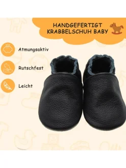 Yalion Krabbelschuhe^Baby Krabbelschuhe aus Leder mit rutschfester Sohle – Schwarz