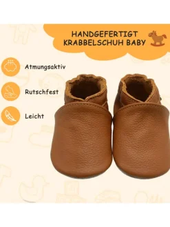 Baby Krabbelschuhe aus Leder mit rutschfester Sohle – Braun><noscript><img width=