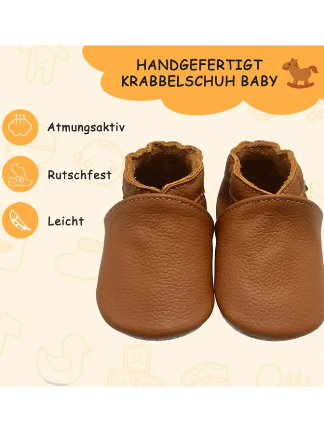 Baby Krabbelschuhe aus Leder mit rutschfester Sohle – Braun>Yalion Online
