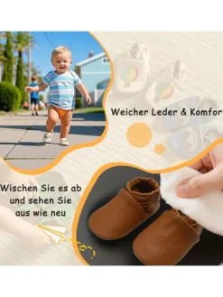 Baby Krabbelschuhe aus Leder mit rutschfester Sohle – Braun><noscript><img width=