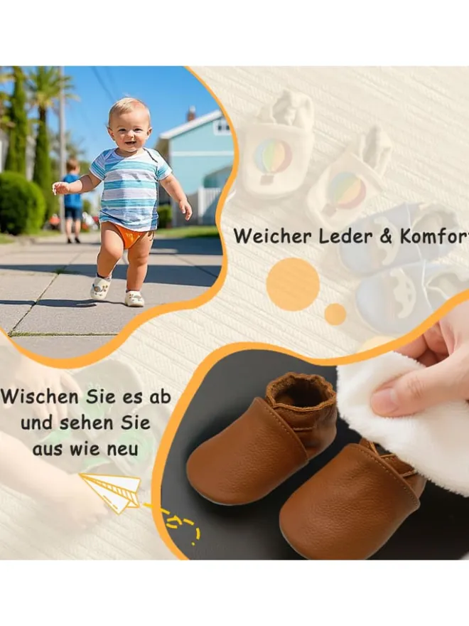 Baby Krabbelschuhe aus Leder mit rutschfester Sohle – Braun>Yalion Online