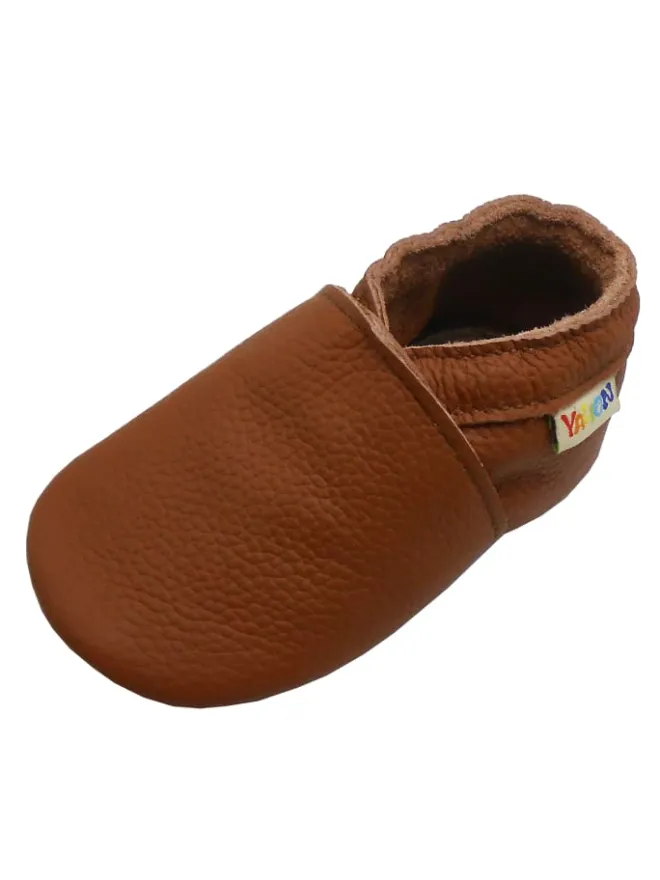 Yalion Krabbelschuhe^Baby Leder Krabbelschuhe, mit rutschfester harter Sohle – Braun