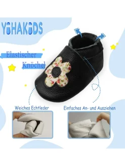 Yihakids Krabbelschuhe^Baby Leder Krabbelschuhe,Schwarz,mit rutschfester und weicher Sohle-Blumenmuster