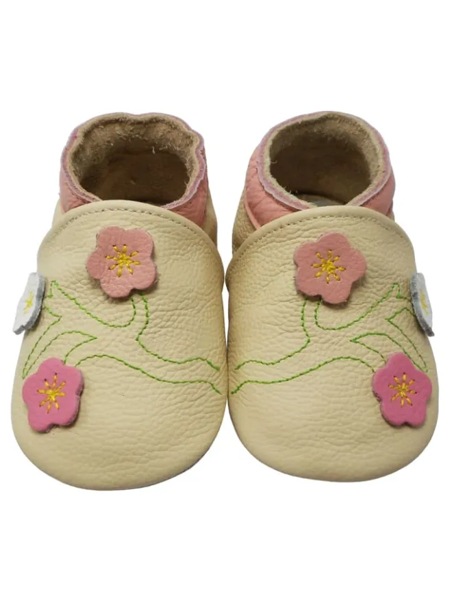 Yalion Krabbelschuhe^Baby-Lederlaufschuhe mit rutschfester Sohle – Cremefarben mit Blumenmuster