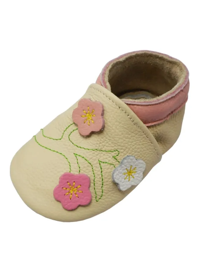 Yalion Krabbelschuhe^Baby-Lederlaufschuhe mit rutschfester Sohle – Cremefarben mit Blumenmuster