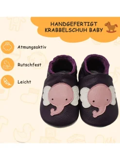 Yalion Krabbelschuhe^Baby-Lederlaufschuhe mit rutschfester Sohle – lila mit Elefantenmuster