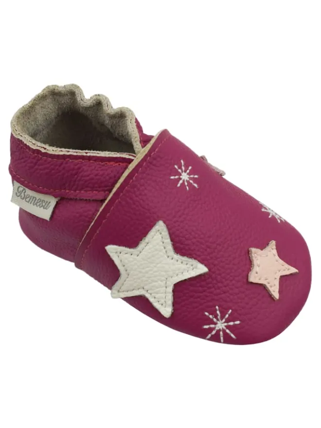Bemesu Krabbelschuhe^Baby-Leder-Laufschuhe, mit rutschfester Sohle - Schneeflocken- und Sternenmuster