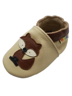 Baby-Lederlaufschuhe mit rutschfester Sohle – Cremefarben mit Fuchsmotiv><noscript><img width=