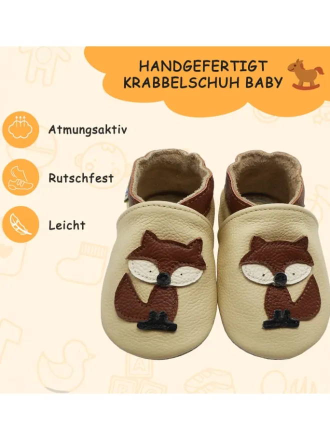 Baby-Lederlaufschuhe mit rutschfester Sohle – Cremefarben mit Fuchsmotiv>Yalion Sale