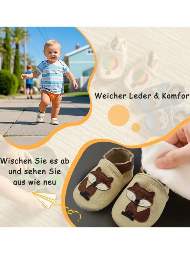 Baby-Lederlaufschuhe mit rutschfester Sohle – Cremefarben mit Fuchsmotiv>Yalion Sale