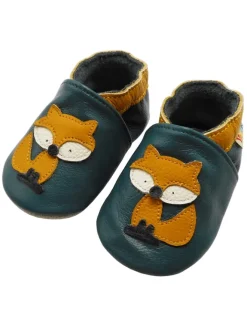 Yalion Krabbelschuhe^Baby-Lederlaufschuhe mit rutschfester Sohle – dunkelgrün mit Fuchsmotiv