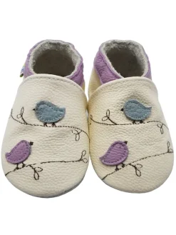 Baby-Lederlaufschuhe mit rutschfester Sohle – Cremefarben mit Vogelmotiv>Yalion Outlet