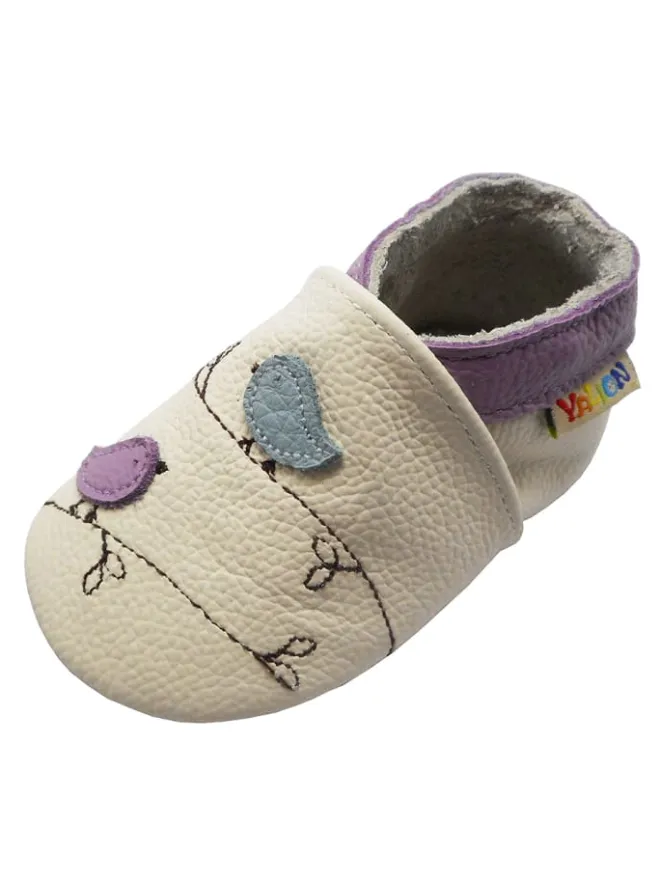 Baby-Lederlaufschuhe mit rutschfester Sohle – Cremefarben mit Vogelmotiv>Yalion Outlet
