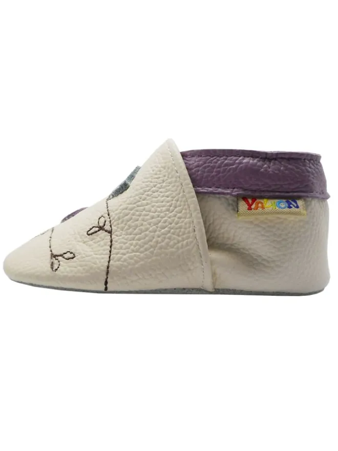 Baby-Lederlaufschuhe mit rutschfester Sohle – Cremefarben mit Vogelmotiv>Yalion Outlet