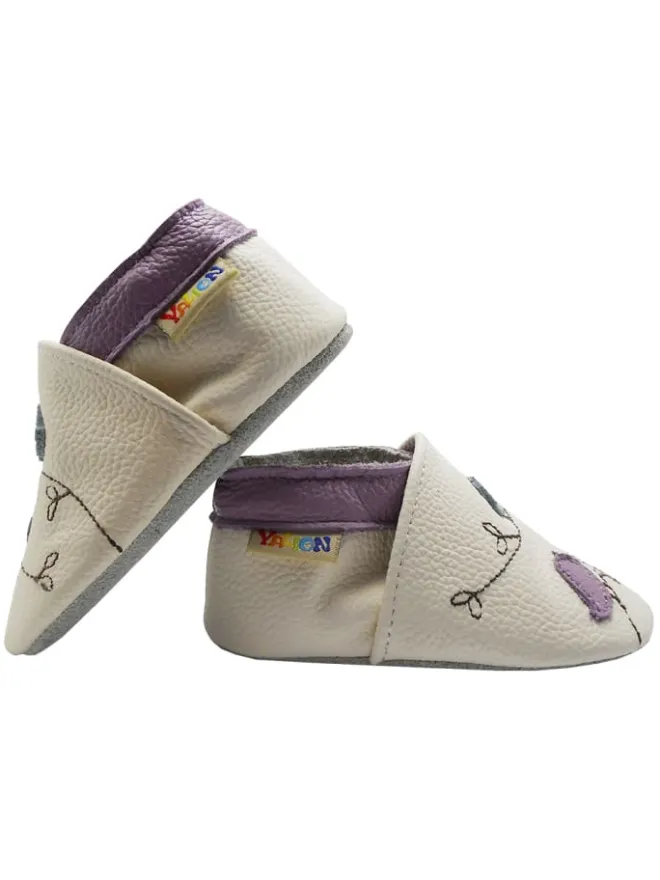 Baby-Lederlaufschuhe mit rutschfester Sohle – Cremefarben mit Vogelmotiv>Yalion Outlet