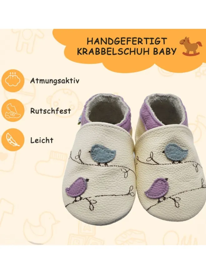 Baby-Lederlaufschuhe mit rutschfester Sohle – Cremefarben mit Vogelmotiv>Yalion Outlet