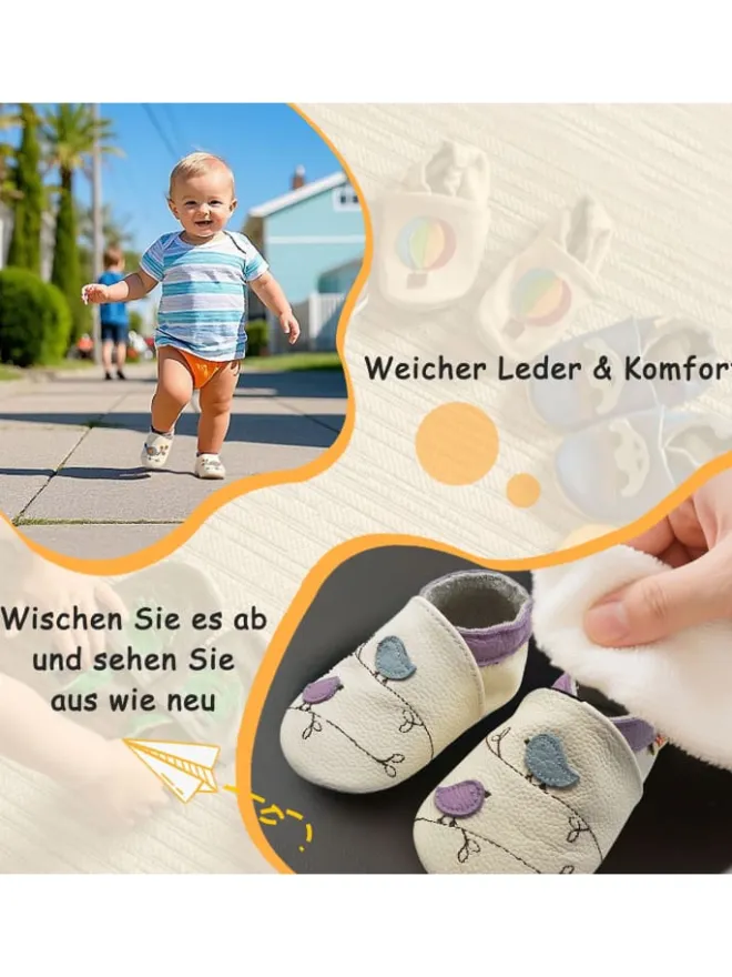 Baby-Lederlaufschuhe mit rutschfester Sohle – Cremefarben mit Vogelmotiv>Yalion Outlet