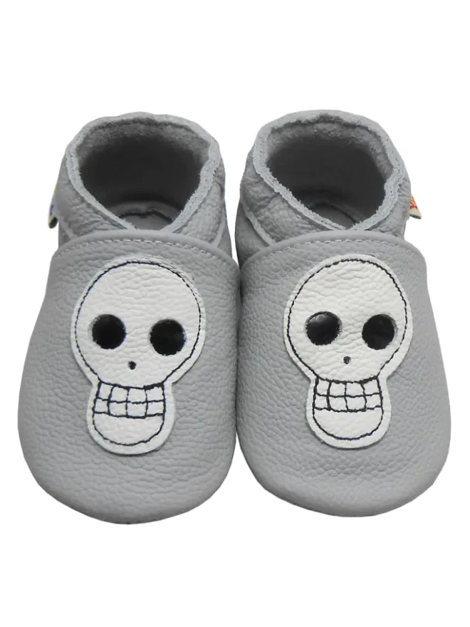 Babyschuhe aus echtem Leder mit rutschfester Sohle –Hellgrau mit Totenkopfmuster>Yalion Clearance