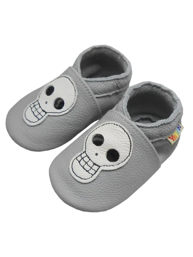 Babyschuhe aus echtem Leder mit rutschfester Sohle –Hellgrau mit Totenkopfmuster>Yalion Clearance