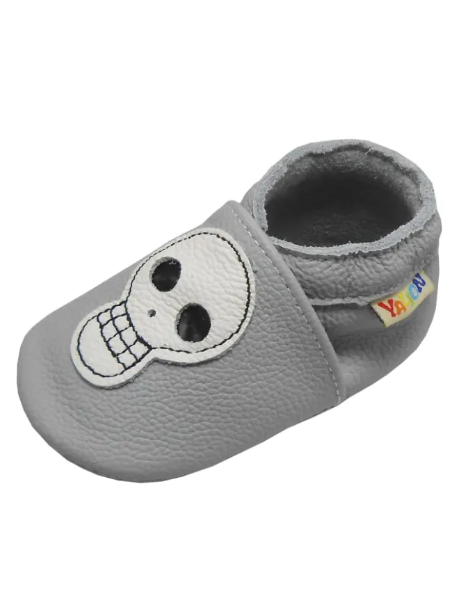 Babyschuhe aus echtem Leder mit rutschfester Sohle –Hellgrau mit Totenkopfmuster>Yalion Clearance
