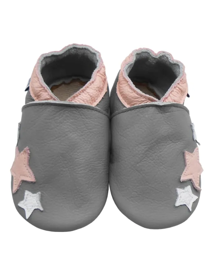 Babyschuhe aus grauem Leder, bequeme rutschfeste Sohlen - Sternmuster>Mejale Clearance