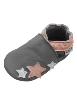 Babyschuhe aus grauem Leder, bequeme rutschfeste Sohlen - Sternmuster><noscript><img width=