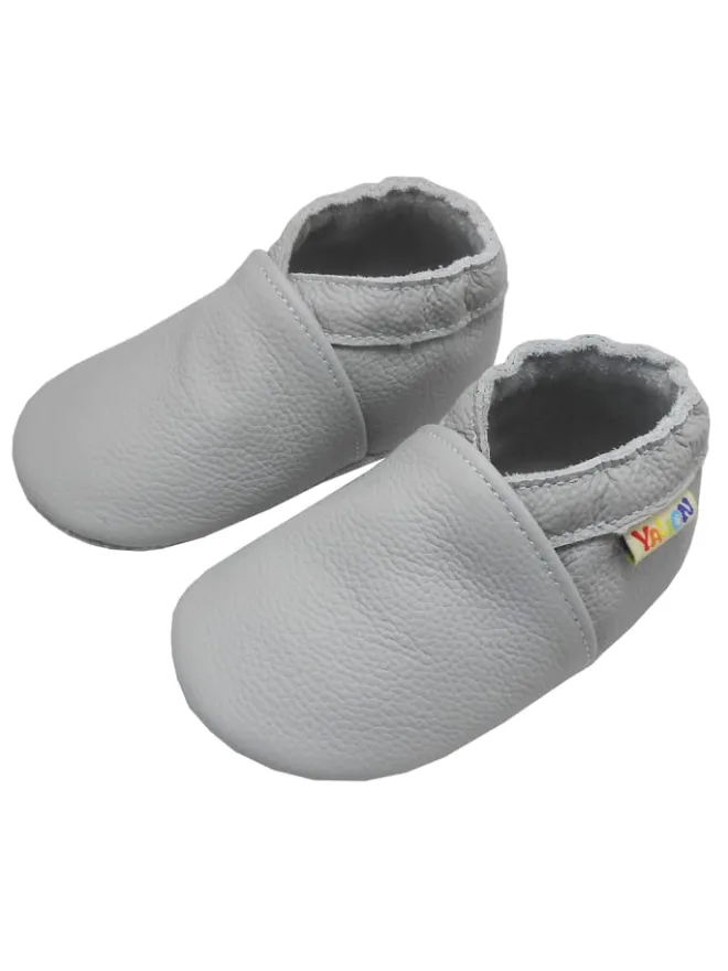 Babyschuhe aus Leder mit rutschfester Sohle – Hellgrau>Yalion