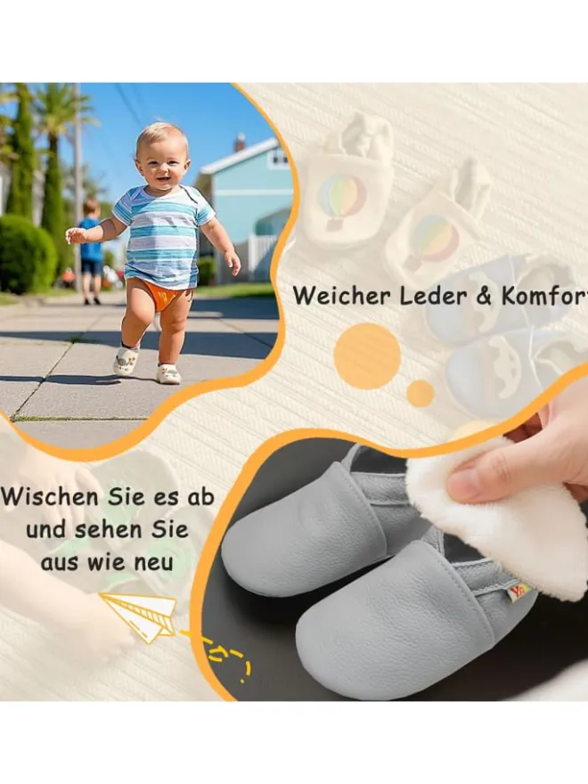 Babyschuhe aus Leder mit rutschfester Sohle – Hellgrau>Yalion
