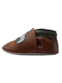 Babyschuhe aus Leder mit rutschfester Sohle – Braun mit Auto-Muster><noscript><img width=
