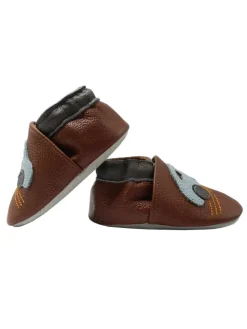 Babyschuhe aus Leder mit rutschfester Sohle – Braun mit Auto-Muster><noscript><img width=