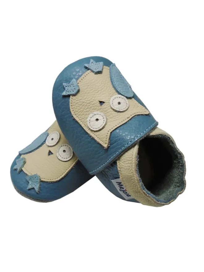 Blaue Baby Leder Krabbelschuhe, mit rutschfester Sohle – Eulen-Muster>Mejale Outlet