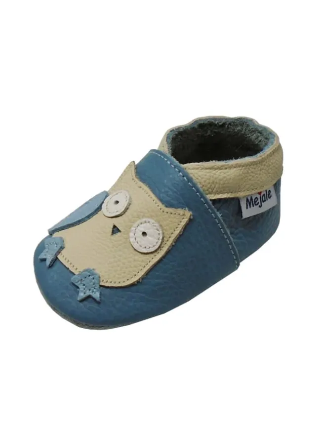 Blaue Baby Leder Krabbelschuhe, mit rutschfester Sohle – Eulen-Muster>Mejale Outlet