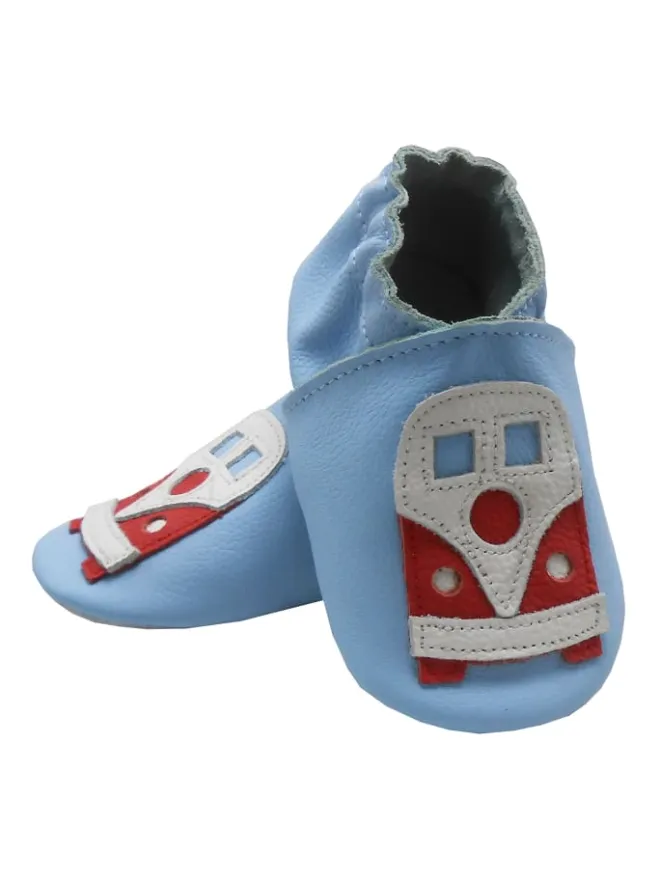 Blaue Baby-Leder-Laufschuhe, komfortabel mit rutschfester Sohle - mit Busmotiv>Bemesu