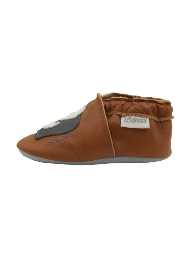 Braune Baby-Leder-Laufschuhe, komfortabel mit rutschfester Sohle -Elefantenmotiv>Bemesu Online