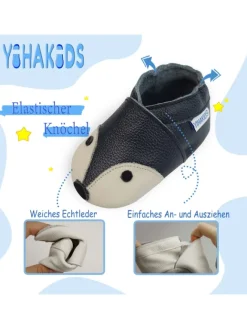 Dunkelblaue Baby Leder Krabbelschuhe, mit rutschfester Sohle – Fuchs-Muster><noscript><img width=