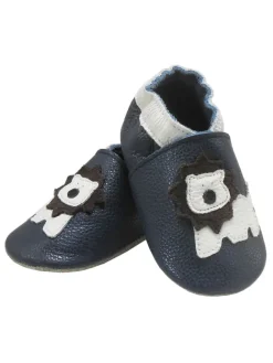 Dunkelblaue Baby Leder Krabbelschuhe, mit rutschfester Sohle – Mops-Muster><noscript><img width=