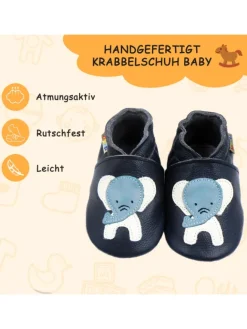 Dunkelblaue Babyschuhe aus echtem Leder ，rutschfester Sohle–Mit Elefanten-Muster><noscript><img width=
