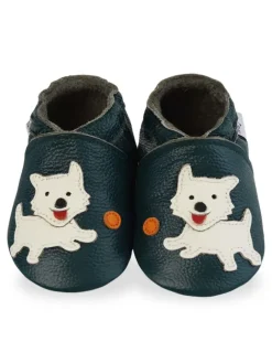Mejale Krabbelschuhe^Dunkelgrüne Babyleder-Kleinkindschuhe, bequeme rutschfeste Sohle - Welpenmuster