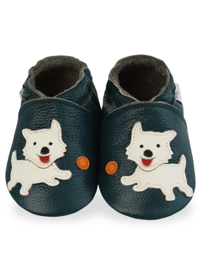 Mejale Krabbelschuhe^Dunkelgrüne Babyleder-Kleinkindschuhe, bequeme rutschfeste Sohle - Welpenmuster