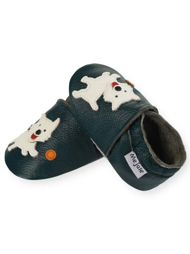 Mejale Krabbelschuhe^Dunkelgrüne Babyleder-Kleinkindschuhe, bequeme rutschfeste Sohle - Welpenmuster