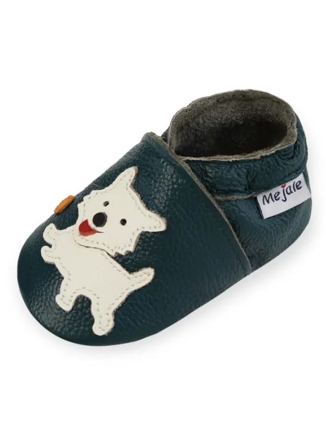 Mejale Krabbelschuhe^Dunkelgrüne Babyleder-Kleinkindschuhe, bequeme rutschfeste Sohle - Welpenmuster
