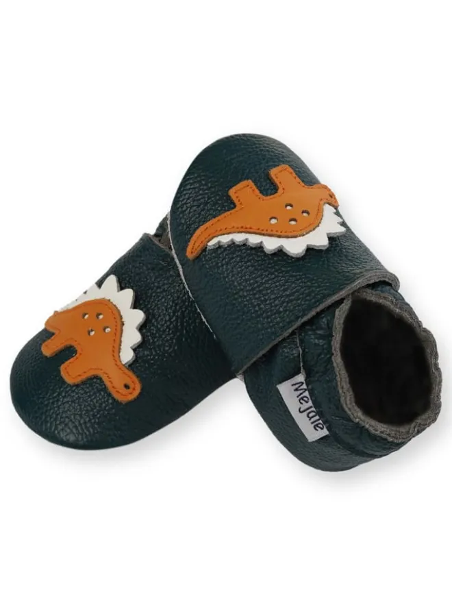 Mejale Krabbelschuhe^Dunkelgrüne Baby-Leder-Wanderschuhe, rutschfeste Sohlen - Triceratops-Muster
