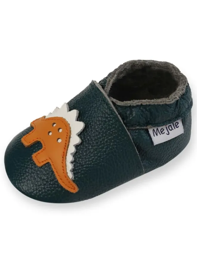 Mejale Krabbelschuhe^Dunkelgrüne Baby-Leder-Wanderschuhe, rutschfeste Sohlen - Triceratops-Muster