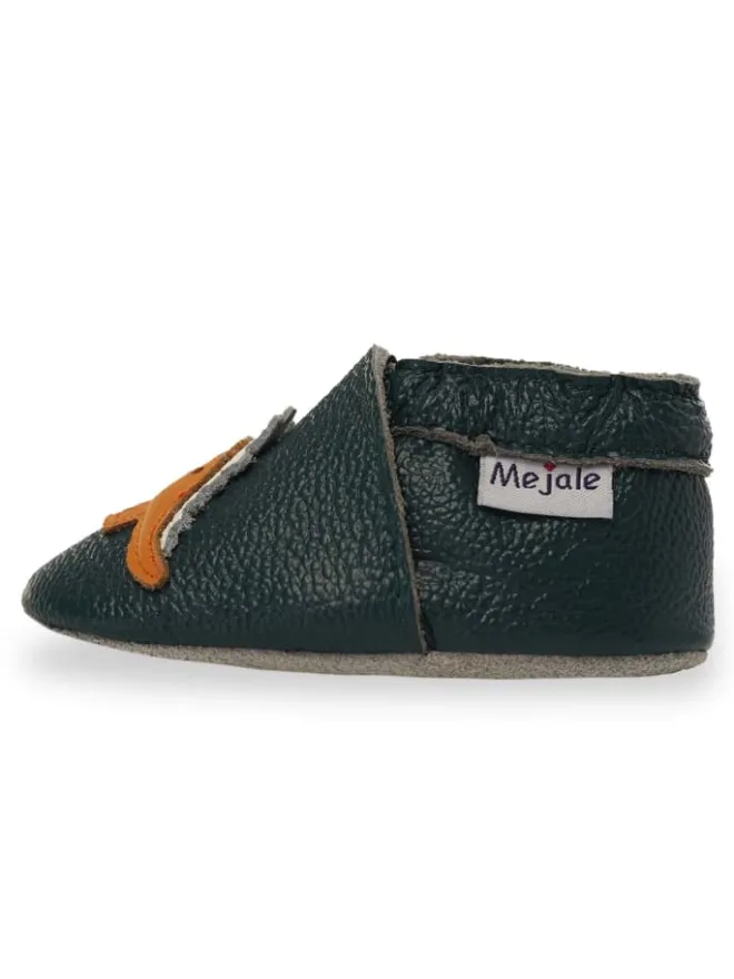 Mejale Krabbelschuhe^Dunkelgrüne Baby-Leder-Wanderschuhe, rutschfeste Sohlen - Triceratops-Muster