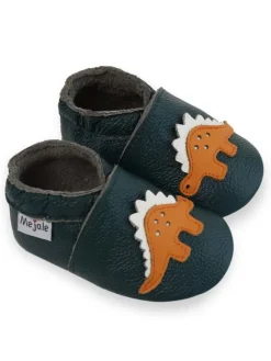 Mejale Krabbelschuhe^Dunkelgrüne Baby-Leder-Wanderschuhe, rutschfeste Sohlen - Triceratops-Muster